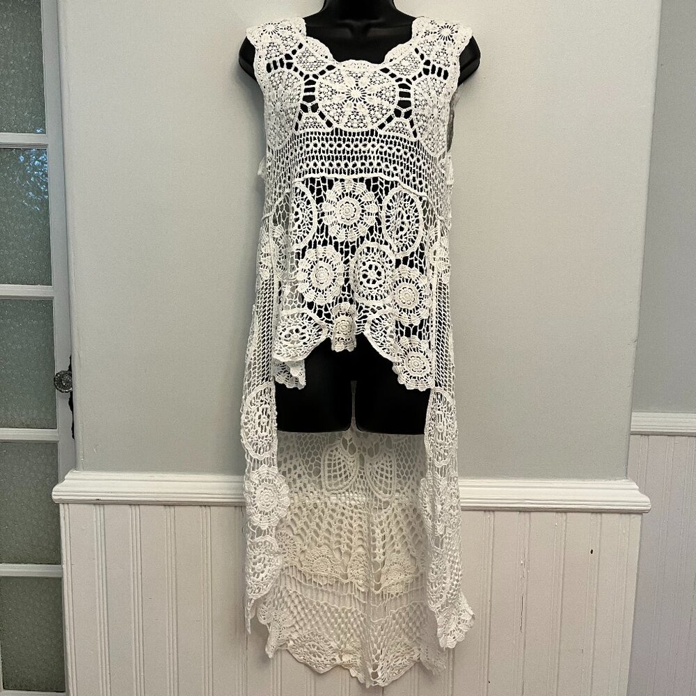 NWT White Cotton Boho Hippie Crochet High-Low Top, Size Small